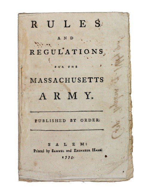 Light tan colored paper pamphlet titled "Rules and Regulations for the Massachusetts Army"