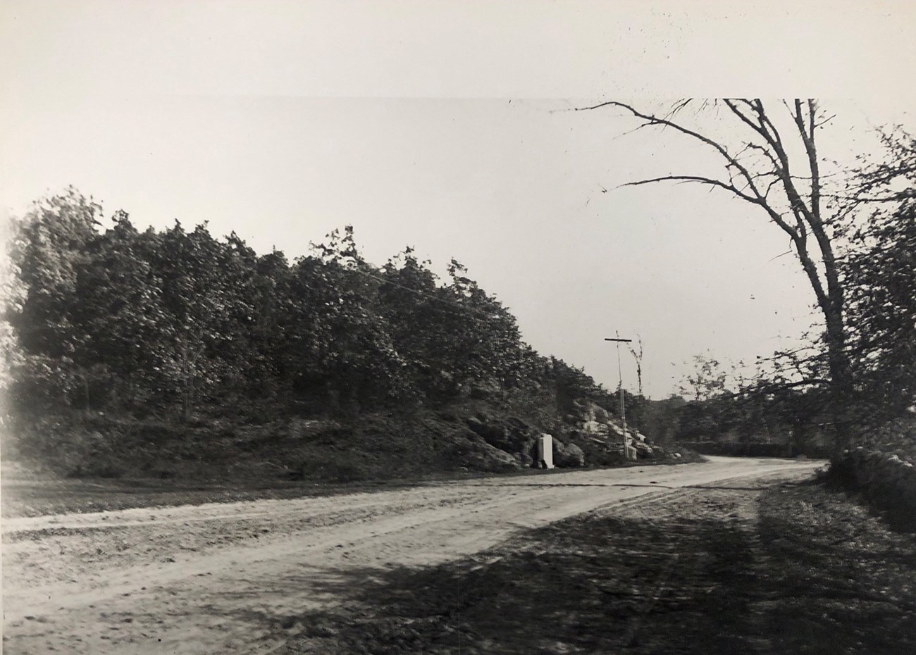 A black and white image of a wooded hill. A dirt road runs around the base of the hill and a telegraph wire runs over the road.
