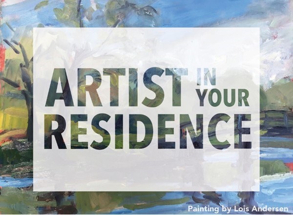 A painting of a wooden bridge and tree with the words Artist In Your residence overtop