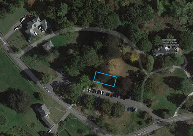 Arial photo of the North Bridge Visitor Center campus. A blue box marks the location of a first amendment area