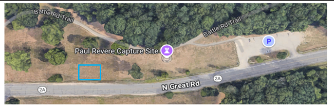 Arial photo of the Paul Revere Capture Site with a blue box marking the location of a First Amendment Area