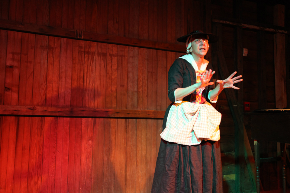 Woman dressed in colonial clothes presents a talk