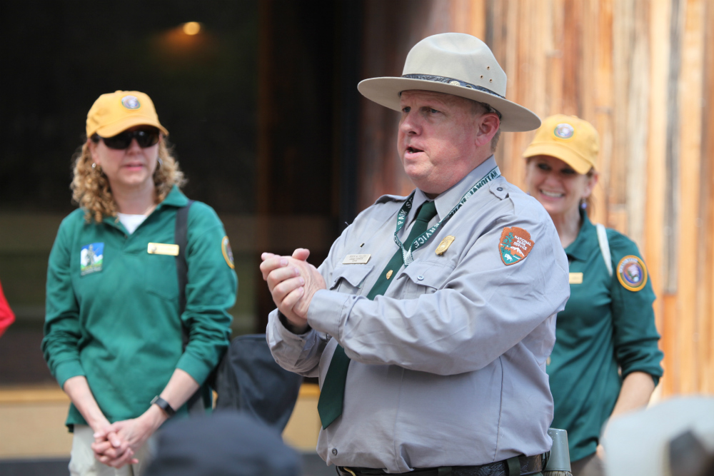 Ranger Roger leads a tour At Minute Man Visitor Center