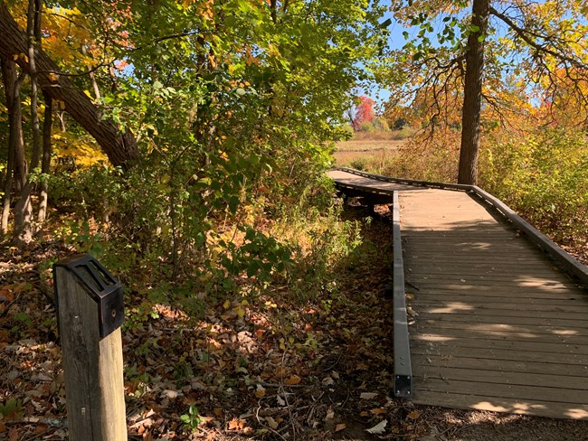 Boardwalk surrounded by trees. To the right is wooden post with a metal number 1.