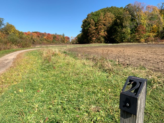 Farm field in autumn. To the left is a dirt trail. To the right is a wooden post with a number 2.