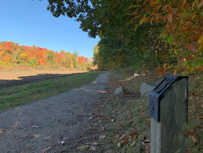 A trail in shadow. On the left is a farm field and trees with autumn foliage. In the lower right corner is a wooden post with the number 3.