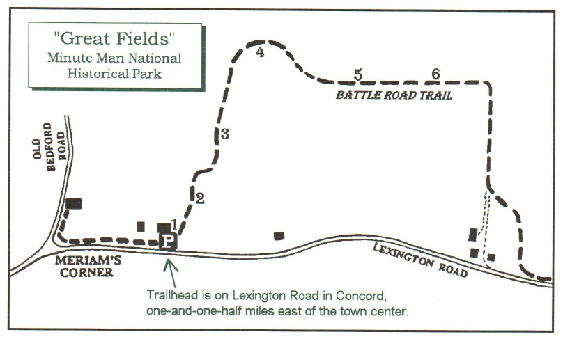 Drawing of the western end of the Battle Road Trail. Text reads Great Fields Minute Man National Historical Park. Trailhead is on Lexington Road in Concord, one and a half miles east of the town center.