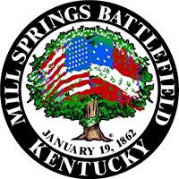 Mill Springs Battlefield Association seal featuring tree with US and CSA flags
