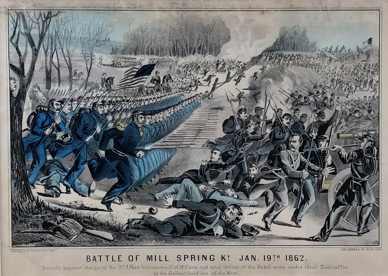 A colorized drawing of men charging as their enemy runs away.