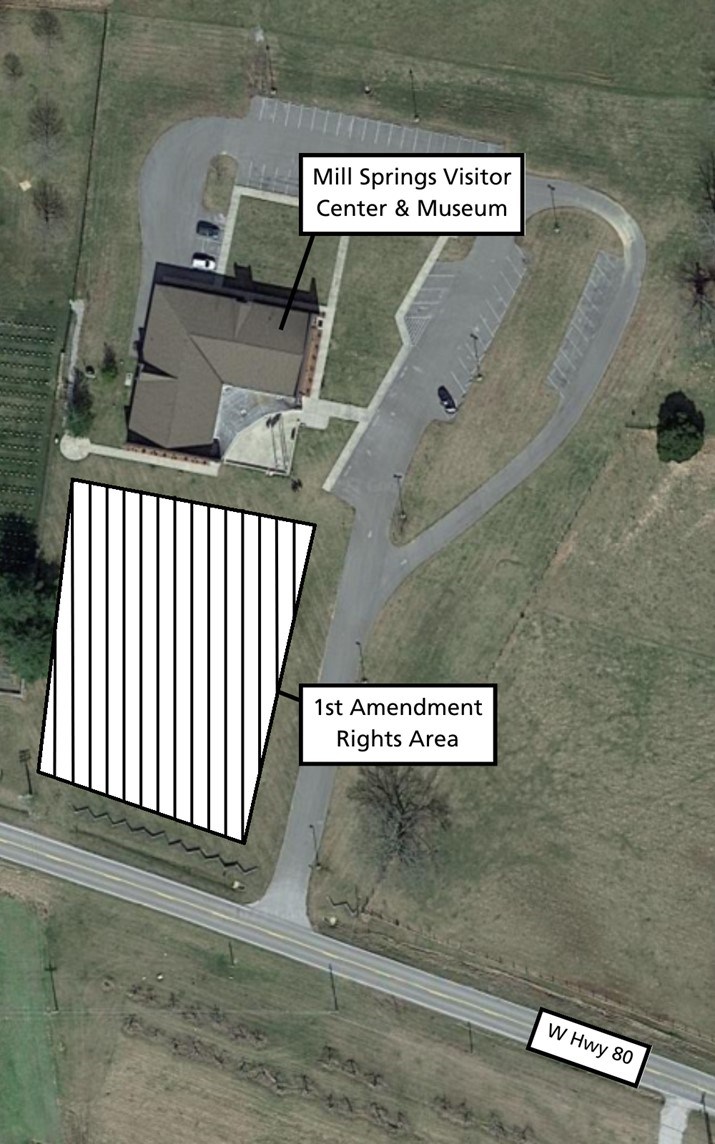 Aerial Map of the Mill Springs Visitor Center and Museum with the 1st Amendments Rights area marked. This area is located on a grassy area between the Visitor Center and West Highway 80 and the Mill Springs National Cemetery and the public drive into the