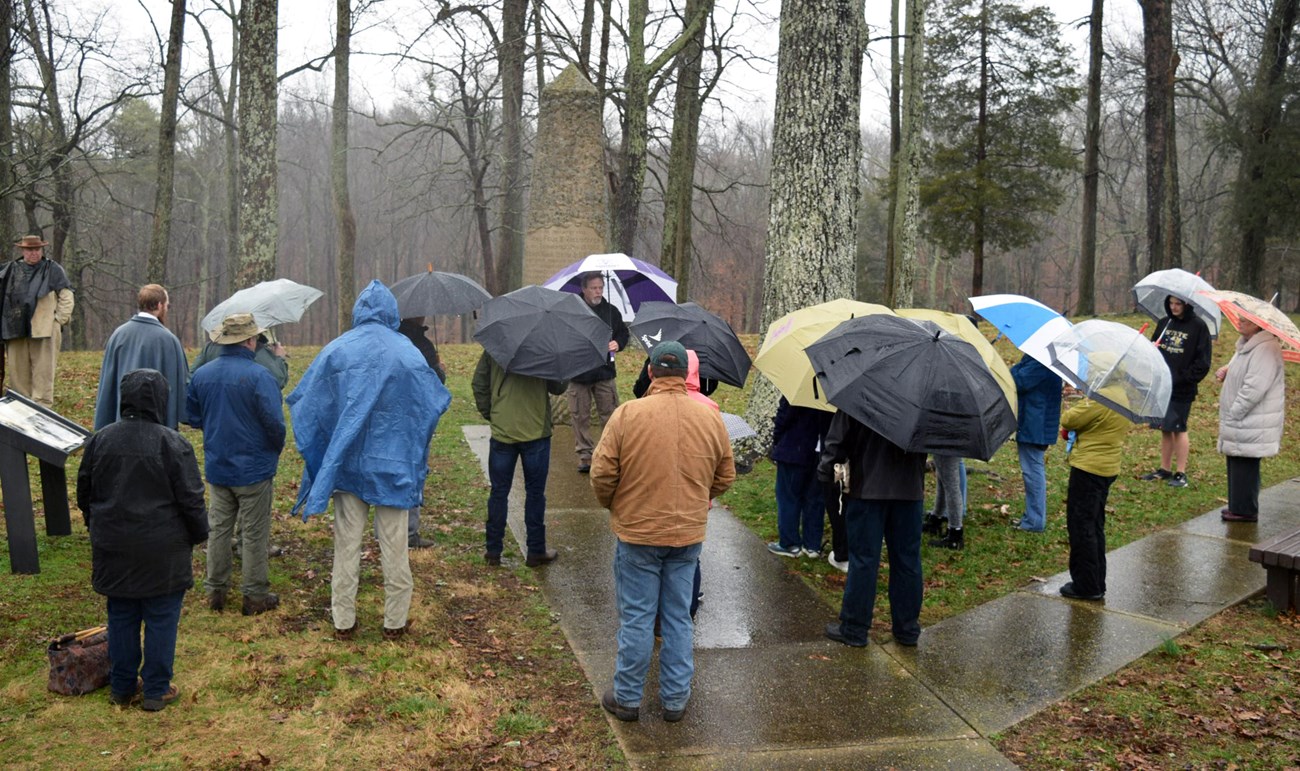 Individuals under umbrellas gathered in Zollicoffer Park on a rainy day