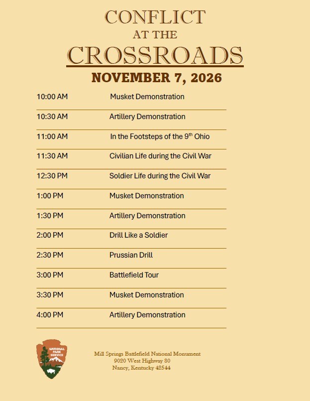 A flyer that lists demonstrations and the times that they occur. Titled "Conflict at the Crossroads."