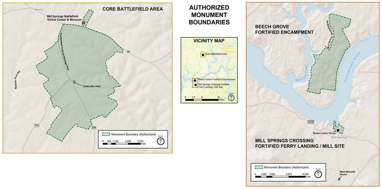 On left a map of the authorized monument area east of Nancy including Visitor Center and Zollicoffer Park off hwy 235. On right a map of the authorized monument area including Beech Grove north of Cumberland River and ferry landing mill site to south