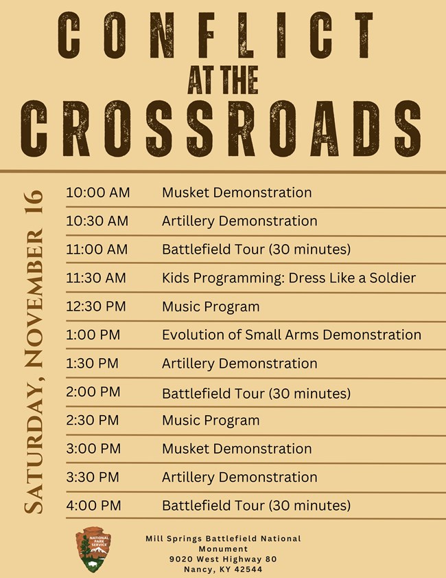 A flyer that lists demonstrations and the times that they occur. Titled "Conflict at the Crossroads."