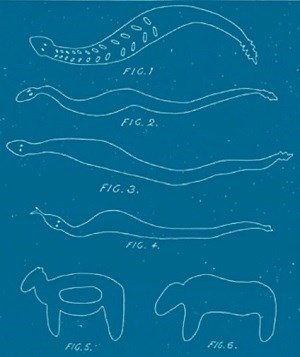 Sketches of various animals carved into cave walls, including snakes and two mammals.