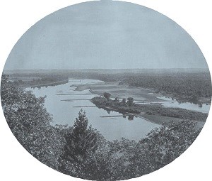A view of the river from a wooded bluff showing wing dams extending partway across the river.