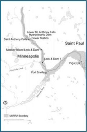 This map illustrates the path the Mississippi River takes through the park and the Twin Cities and includes important landmarks.