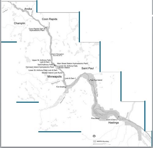 This map shows the river as it runs through the Minneapolis/Saint Paul area along with significant landmarks, locks and dams, and hydro-electric plants.