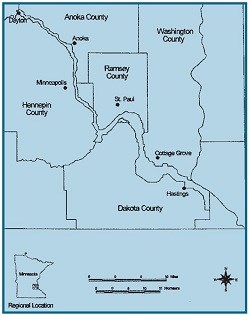 This  map shows the location of the Mississippi National River and Recreation Area in the greater metropolitan area of Minneapolis and Saint Paul.