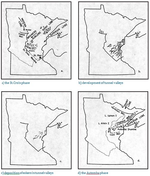 Four maps showing phases of glaciation including the St. Croix phase, development of tunnel valleys, deposition of eskers in tunnel valleys, and the Automba phase.