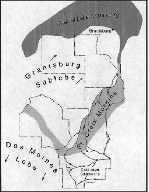 This map shows the movement and extent of the Grantsburg Sublobe and Des Moines Lobe and the St. Croix Moraine.