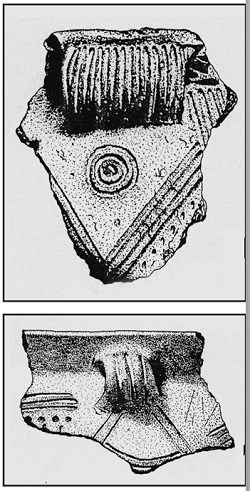 Drawings of two pot fragments showing decorations and handles.