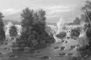 Two Native Americans on an island in the river look upstream towards a large waterfall.