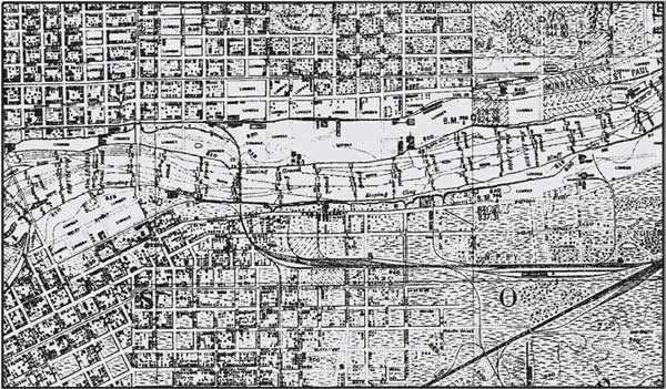This map shows the river through Minneapolis and some of the sawmill infrastructure.