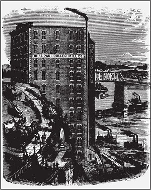 A drawing of a flour mill perched on the shore of a large river.