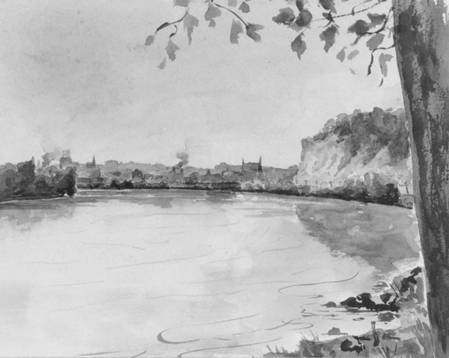 A monotone painting of a large river, bluff, and city skyline.