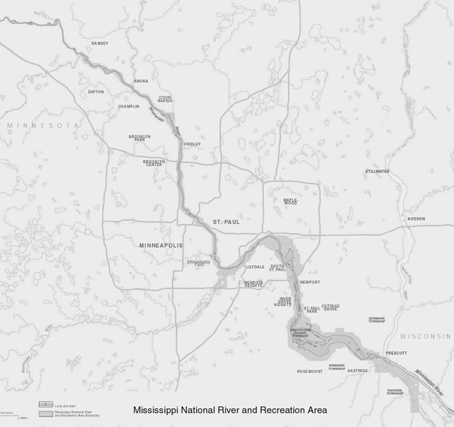 A map showing the extent of the Mississippi National River and Recreation Area along the Mississippi River in Minnesota.