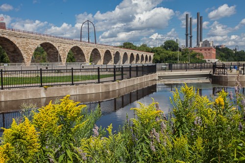 Prairie flowers frame a stone bridge that spans the river.