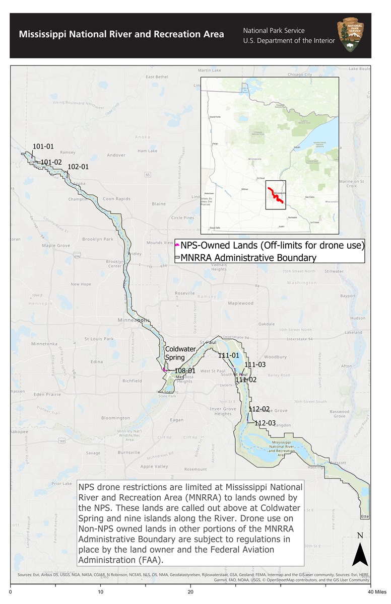 Map of the Mississippi National River and Recreation Area and the property owned by the National Park service for use by drone pilots defining where they can and cannot fly drones.