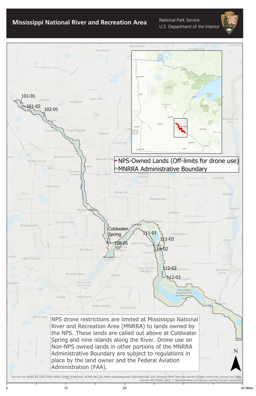 MISS Drone use and property map Map of the Mississippi National River and Recreation Area and the property owned by the National Park service for use by drone pilots defining where they can and cannot fly drones.