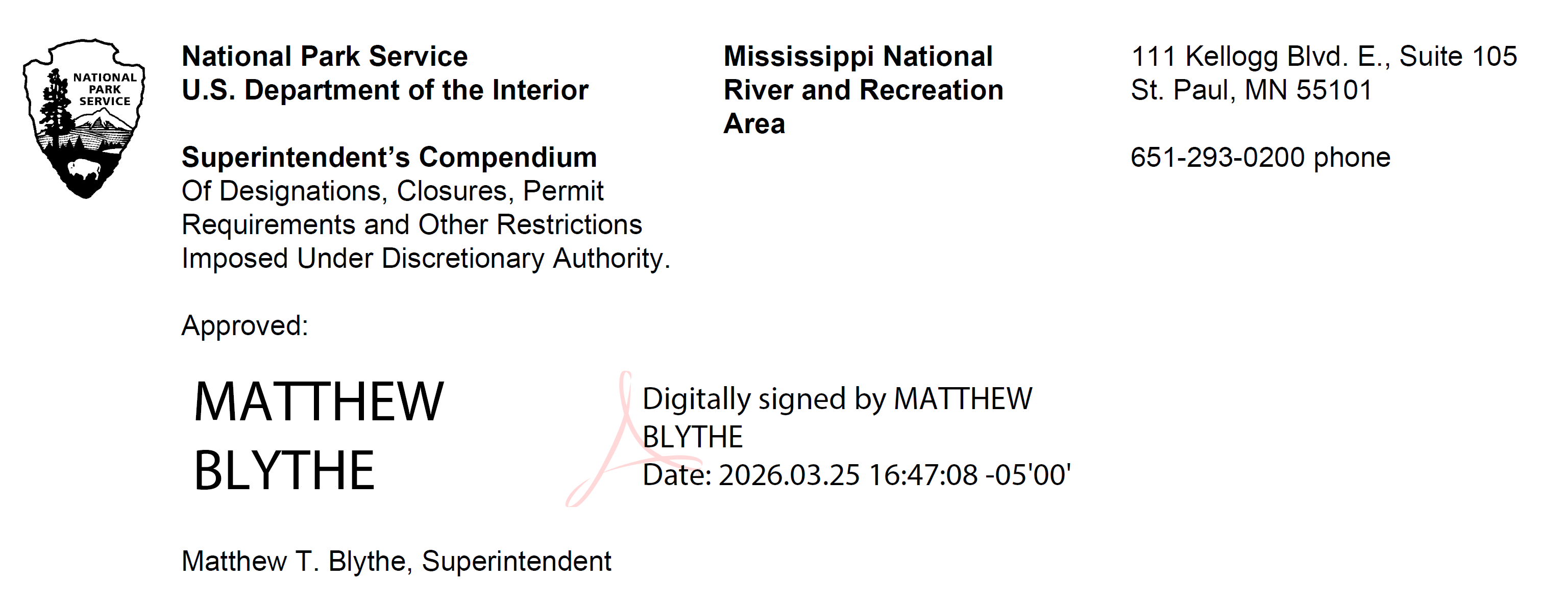 A digital signature from Mississippi National River and Recreation Area's superintendent Matthew T. Blythe on the park's compendium dated March 25, 2026.