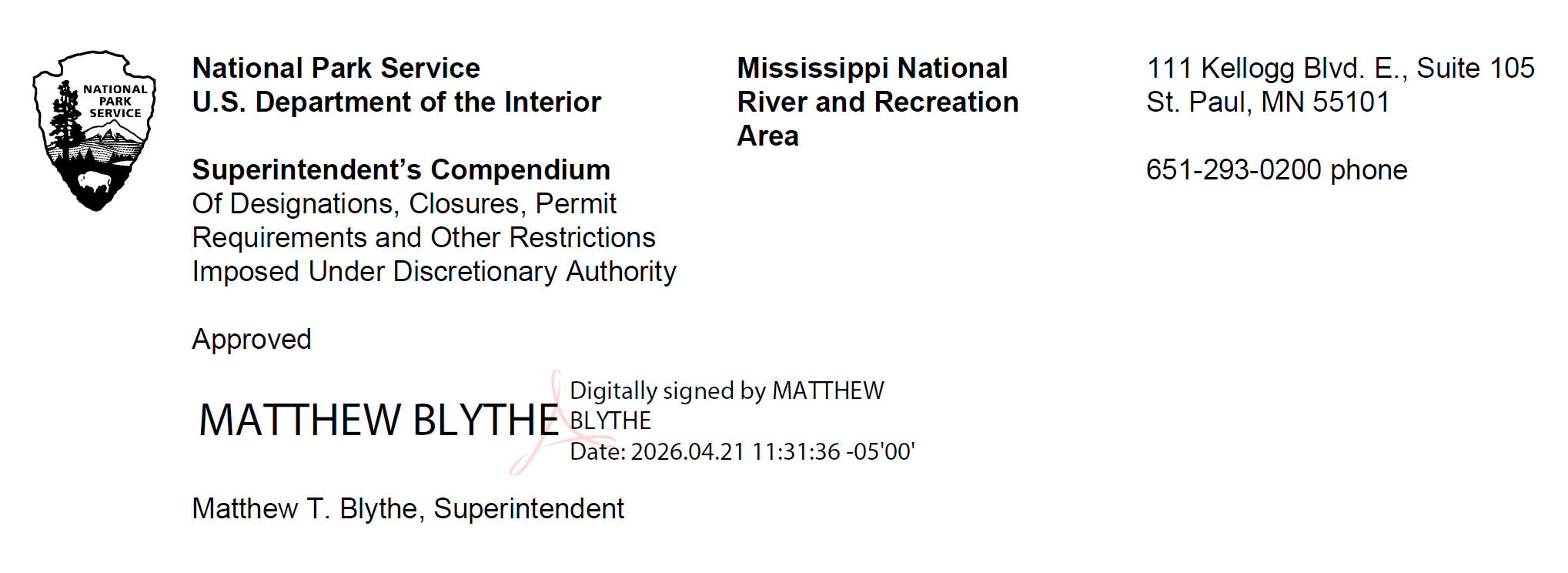A digital signature from Mississippi National River and Recreation Area's superintendent Matthew T. Blythe on the park's compendium dated April 21, 2026.