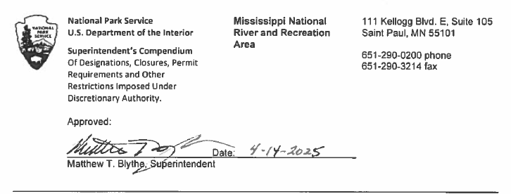 signature of superintendent of Mississippi national river and recreation area on the 2025 superintendent's compendium