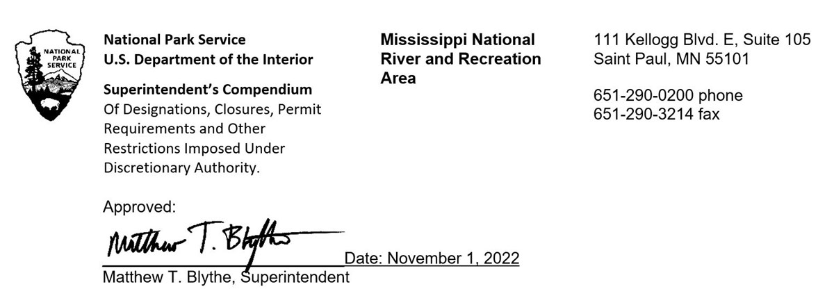 Signature block for Mississippi National River and Recreation Area's Superintendent's Compendium, signed September 20, 2022 by Superintendent, Matthew T. Blythe
