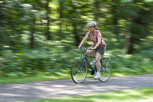 A woman rides a bike through a trail in the forest. A woman rides a bike through a trail in the forest.