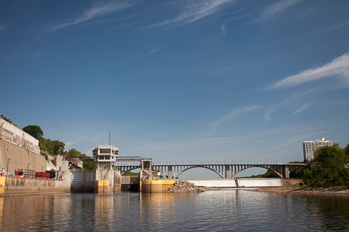 View from the river looking at Lock and Dam 1 in Saint Paul, MN.