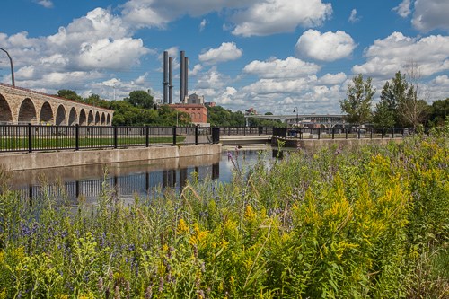 Mill Ruins Park on the west bank of the Mississippi River.