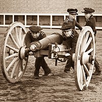 Modern day re-enactors line up their cannon at Historic Fort Snelling.