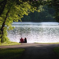 A couple sits on the Mississippi River shoreline flanked by a frame of trees.