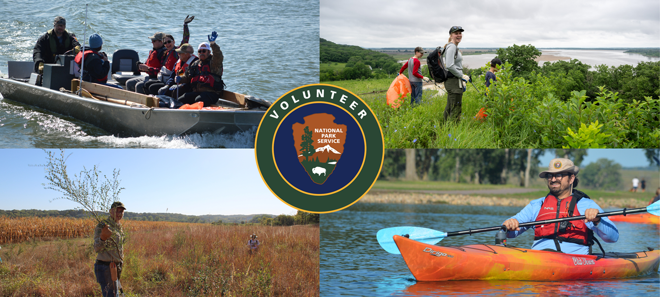 A collage of images showing volunteers at work. The Volunteer-In-Parks insignia is centered among the images.