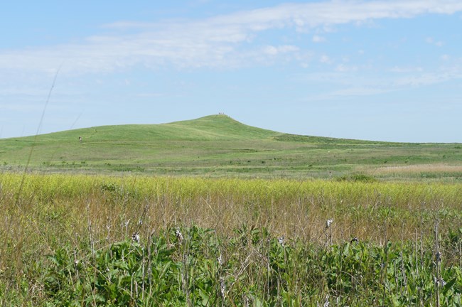 Spirit Mound glacial hill. The site is covered in green grass. Blue skies.