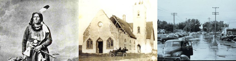 Historical pictures of an American Indian, chapel, and 1950s flooding.