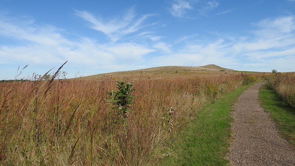 A blue sky with wispy white clouds over a field of brown grass. A gravel path leads up into the photo that lead any visitor to the summit of Spirit Mound.