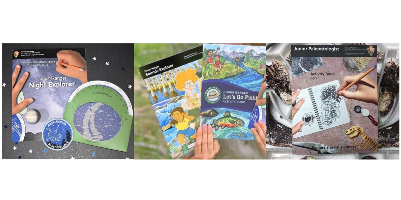 Various junior ranger booklets including jr paleontologist, night sky explorer, jr angler, and sounds explorer