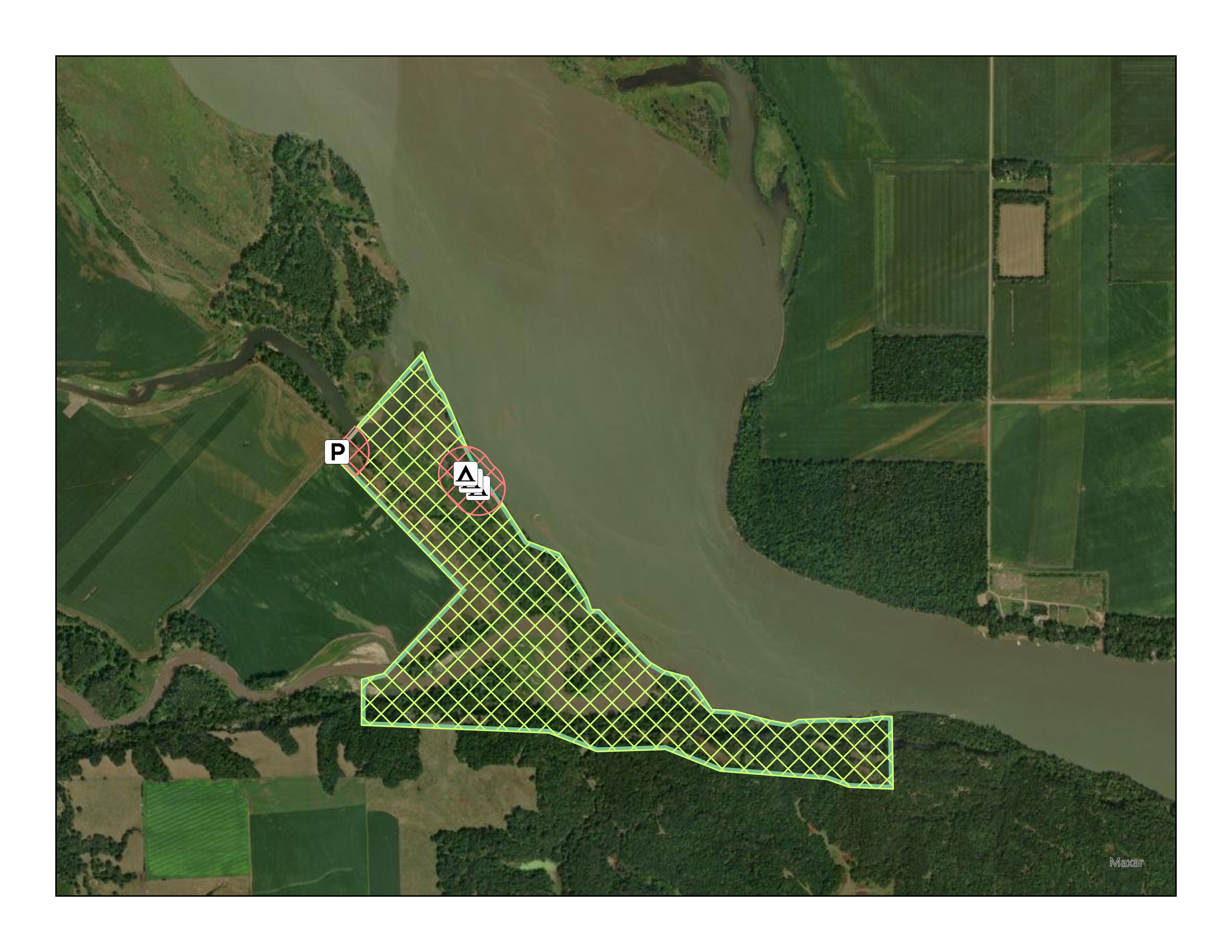 Satellite map of Bow Creek Recreation Area with areas designated as hunting and non-hunting areas. Hunting is prohibited within 100 yards of the parking lot and the three campsites located in the NE section of the property.