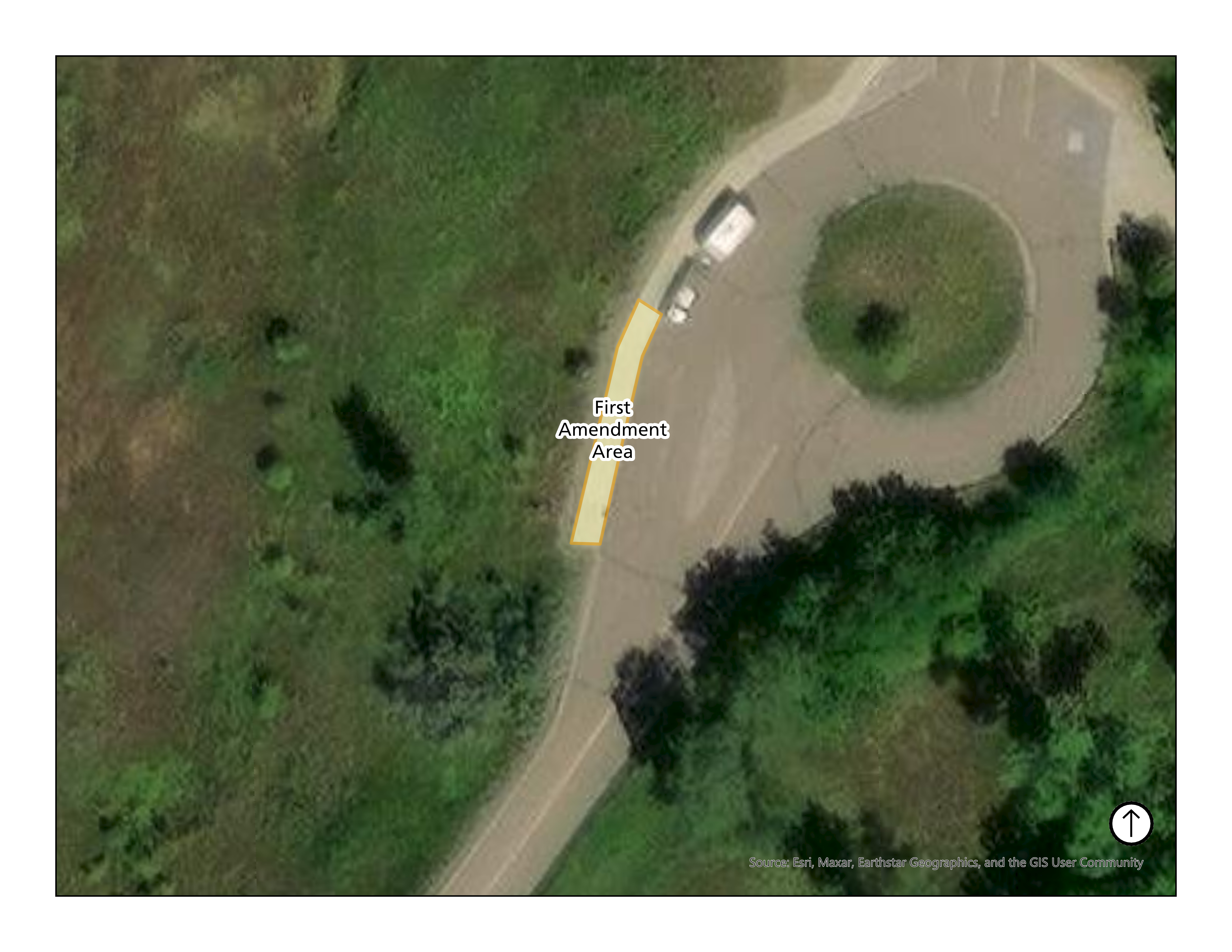 Sateliite map of Mulberry Bend Overlook Area with an area marked as the designated First Amendment permit area.